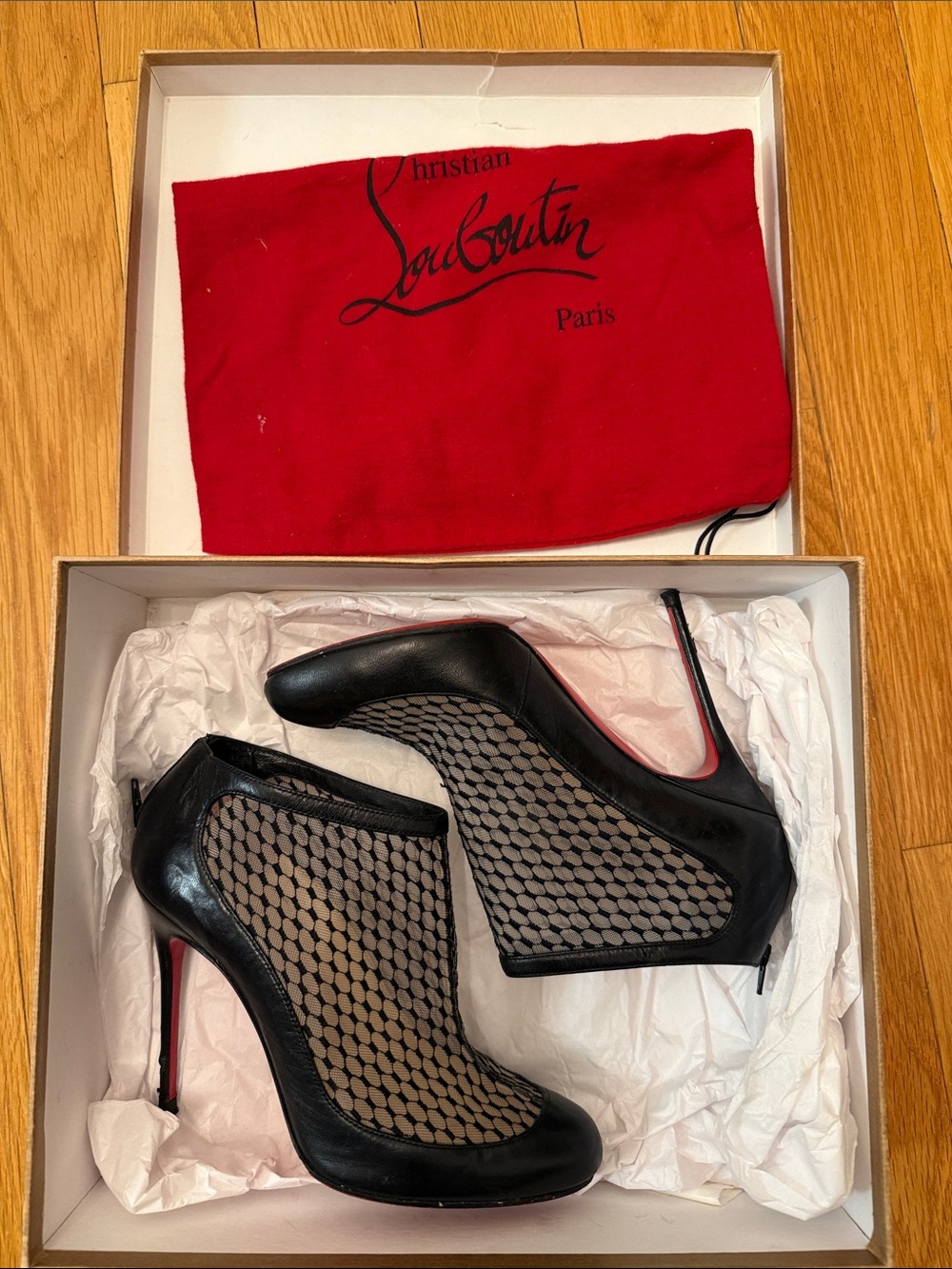 Christian Louboutin Black Mesh Leather Stiletto Booties with Red Sole - Size 37